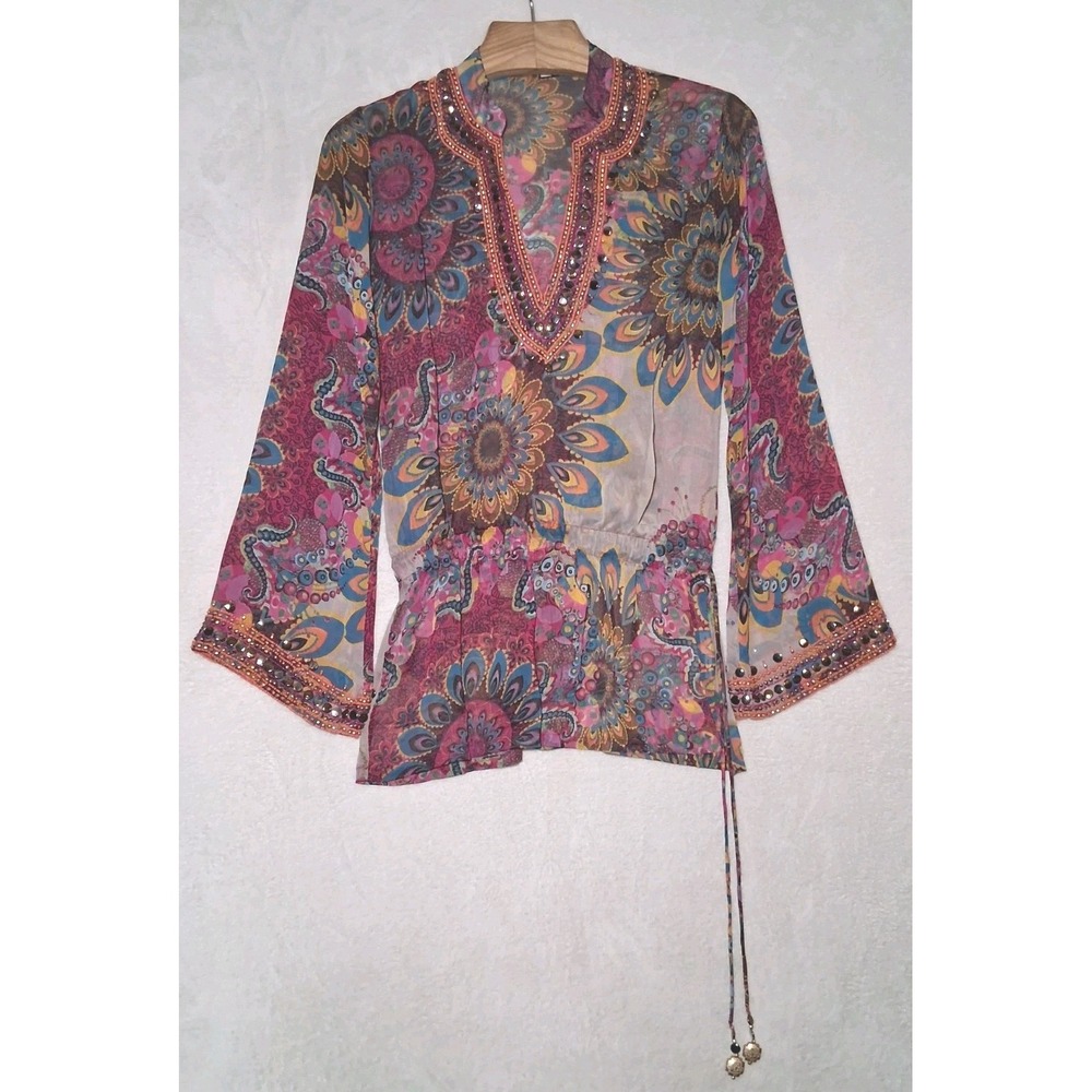 MONIQUE LESHMAN EMBELISHED SHEER SILK TUNIC TOP BOHO HIPPIE ROCKABILLY - M